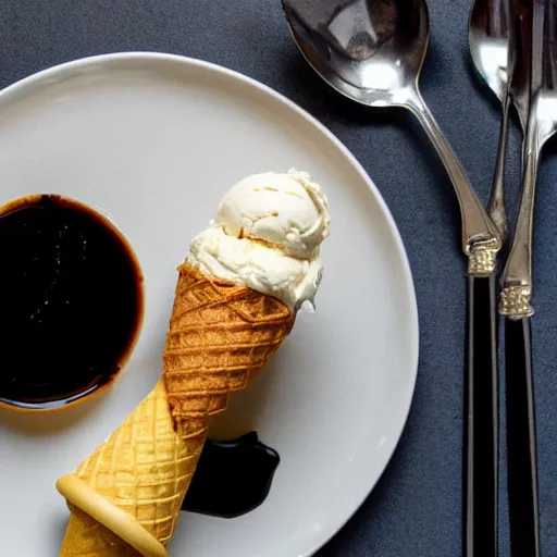 Prompt: photograph of a formal presentation of an ice cream cone on a plate with a balsamic reduction glaze and strange cutlery in a fancy avant-garde restaurant