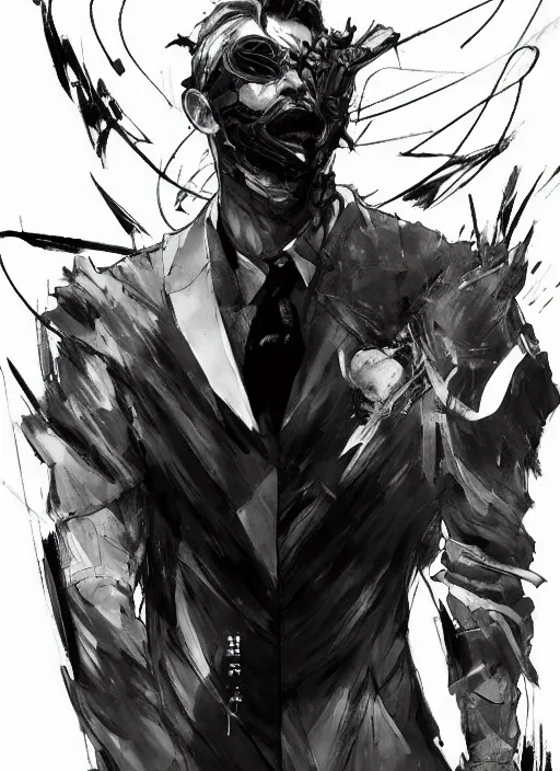 Prompt: Half body portrait of a god of intellect, a man in a tuxedo wearing a shattered mirror mask. In style of Yoji Shinkawa and Hyung-tae Kim, trending on ArtStation, dark fantasy, great composition, concept art, highly detailed, dynamic pose.