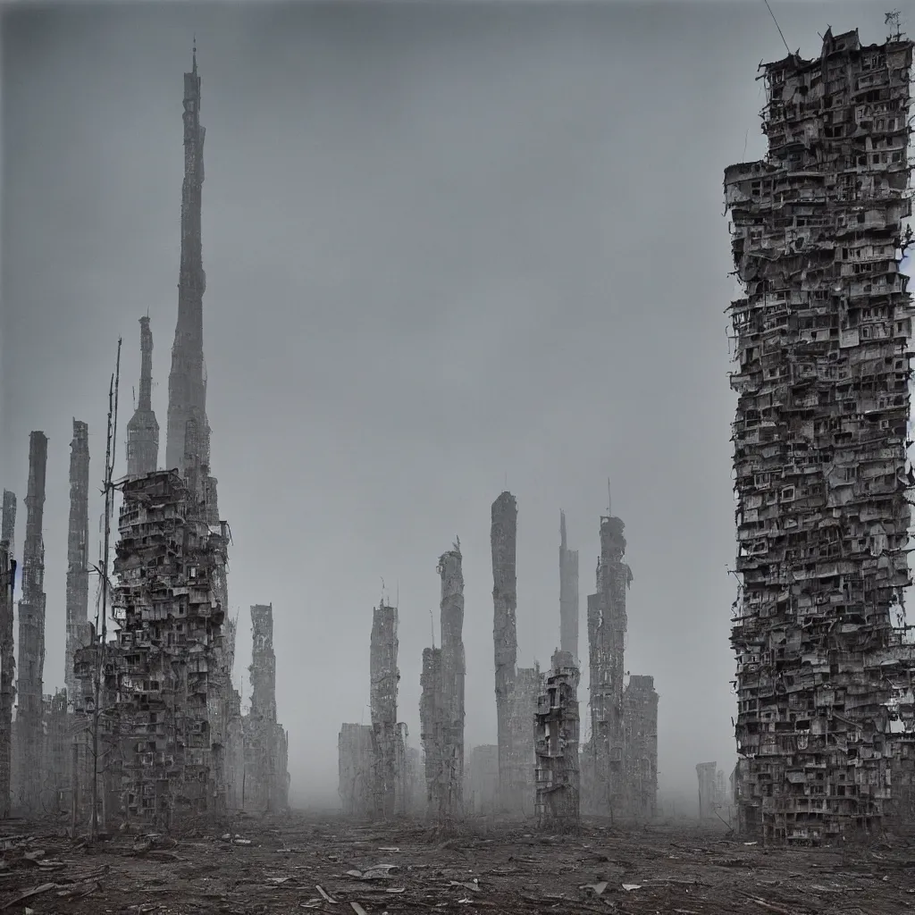 Image similar to tall towers, made up of makeshift squatter housing with faded colours, apocalyptic sky, misty, dystopia, mamiya rb 6 7, fully frontal view, ultra sharp, very detailed, photographed by andrei tarkovsky