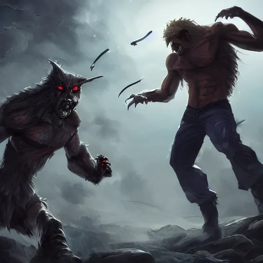 Prompt: a battle between the vampire and the werewolves, action pose, digital painting, WLOP, trending on artstation, 8k, epic composition, highly detailed, sharp focus