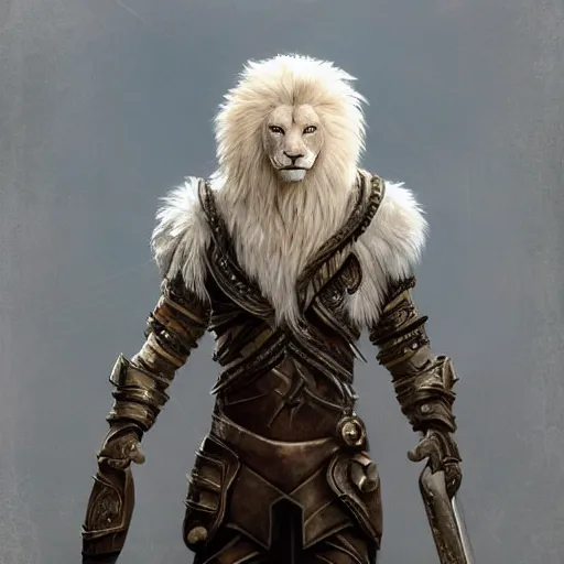 Image similar to a beautiful award winning commission of a male anthro albino lion dressed in skyrim armour,digital art,art by greg rutkowski,character design by charles bowater,ross tran,photorealistic,highly detailed,detailed face,4k,dramatic,deviantart,artstation