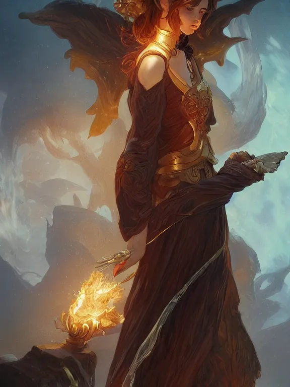 Image similar to young summoner with a fire elemental, fantasy, man, intricate, elegant, highly detailed, digital painting, artstation, concept art, wallpaper, smooth, sharp focus, illustration, art by artgerm and greg rutkowski and alphonse mucha