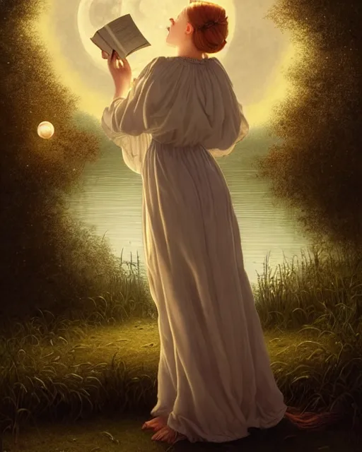 Prompt: girl in white nightgown reading a book by the river, a full moon on the horizon, dark starry sky, dreamy fantasy ambience with golden orbs and fireflies, detailed gothic illustration bright moon light, by edmund blair leighton, brom, charlie bowater, trending on artstation, faces by tom bagshaw, otto schmidt