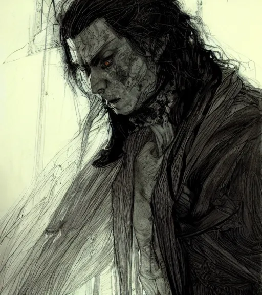 Image similar to portrait of a sinister anime man with long hair wearing a dark robe, pen and ink, intricate line drawings, by craig mullins, ruan jia, kentaro miura, greg rutkowski, loundraw