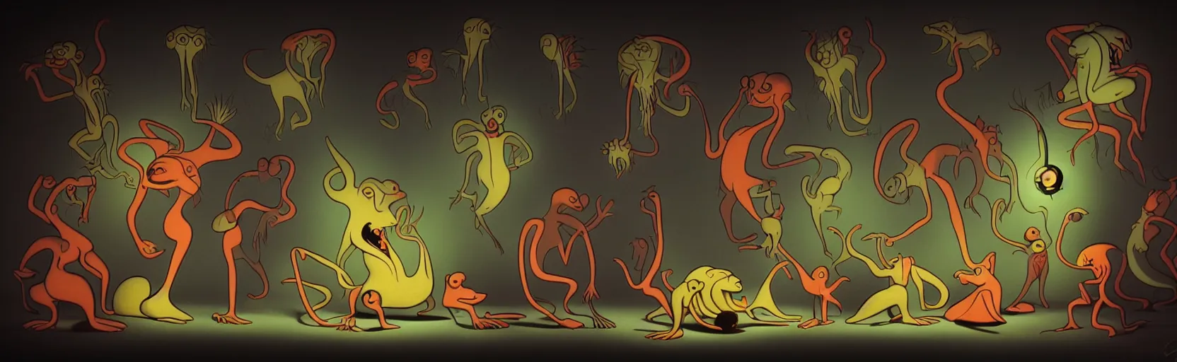 Prompt: whimsical creatures from the depths of the collective unconscious, dramatic lighting, surreal dark 1 9 3 0 s fleischer cartoon characters