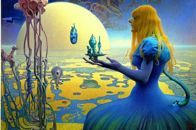 Image similar to realistic extremely detailed portrait painting of alice in wonderland, futuristic sci-fi landscape on background by Jean Delville, Amano, Yves Tanguy, Ilya Repin, Alphonse Mucha, Ernst Haeckel, Edward Robert Hughes, Roger Dean, rich moody colours, blue eyes