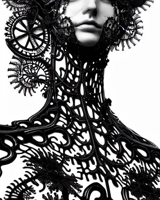 Image similar to surreal black and white photo portrait of complex bio-mechanical beautiful young female vegetal-cyborg with a Mandelbrot fractal steampunk metal fine lace face, curled silver hair and a fine metal floral foliage super big lace collar by Alexander McQueen:: high fashion, haute couture, rococo, steampunk, silver filigree details, anatomical, facial muscles, cable wires, microchip, elegant, hyper realistic, 150 mm lens, soft rim light, octane render, unreal engine, picture was taken in 1910, volumetric lighting, 8k,