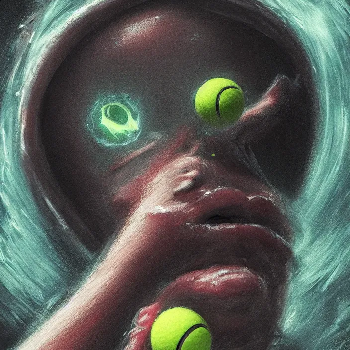 Image similar to cinematic portrait of a cute tennis ball monster in the abyss of space, chalk, masterpiece, trending on artstation, featured on pixiv, cinematic composition, dramatic pose, beautiful lighting, sharp details, hyper-detailed, HD, HDR, 4K, 8K, art by Basil Gogos