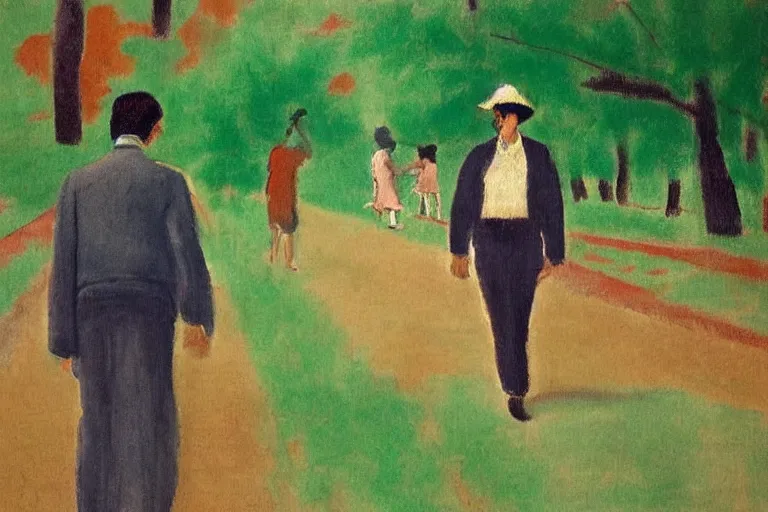 Image similar to a very tall man named John with dark hair holding the hands of a short young boy named Alex with dark hair as they walk down a suburban highway on a bright beautiful colorful day. part in the style of an edgar degas painting. part in the style of david hockney