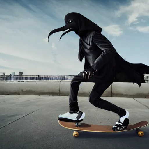 Prompt: a hyper realistic 4 k photoshoot of a plague doctor riding a skateboard