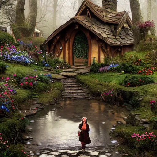 Prompt: woman in medieval hobbit house, ornate, beautiful, atmosphere, vibe, mist, smoke, fire, chimney, rain, wet, pristine, puddles, melting, dripping, snow, creek, lush, ice, bridge, forest, roses, flowers, by stanley artgerm lau, greg rutkowski, thomas kindkade, alphonse mucha, loish, norman rockwell