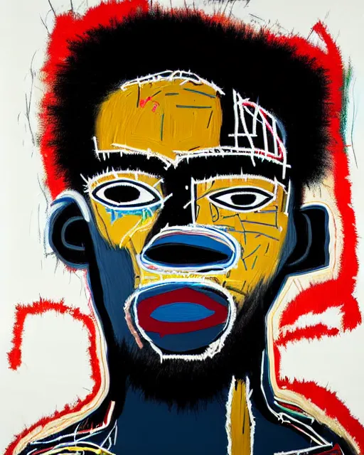 Prompt: A extremely ultra highly detailed majestic hi-res beautiful immaculate head and shoulders award winning painting stunning portrait masterpiece of the face of a strong black african man by Jean-Michel Basquiat, 8k, high textures, ultra hyper sharp, insanely detailed and intricate, super detailed, 8k HDR ultra high quality
