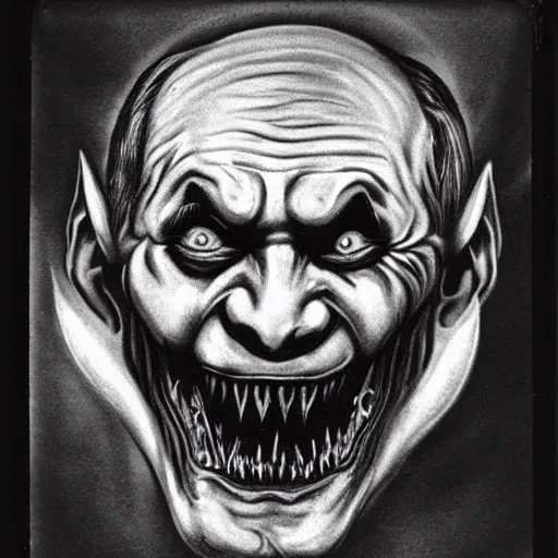 Prompt: vladimir putin demonic horror jester face, in lava cave, polaroid black and white picture, 1 9 th century, scary horrifying satanic rituals, hell gate