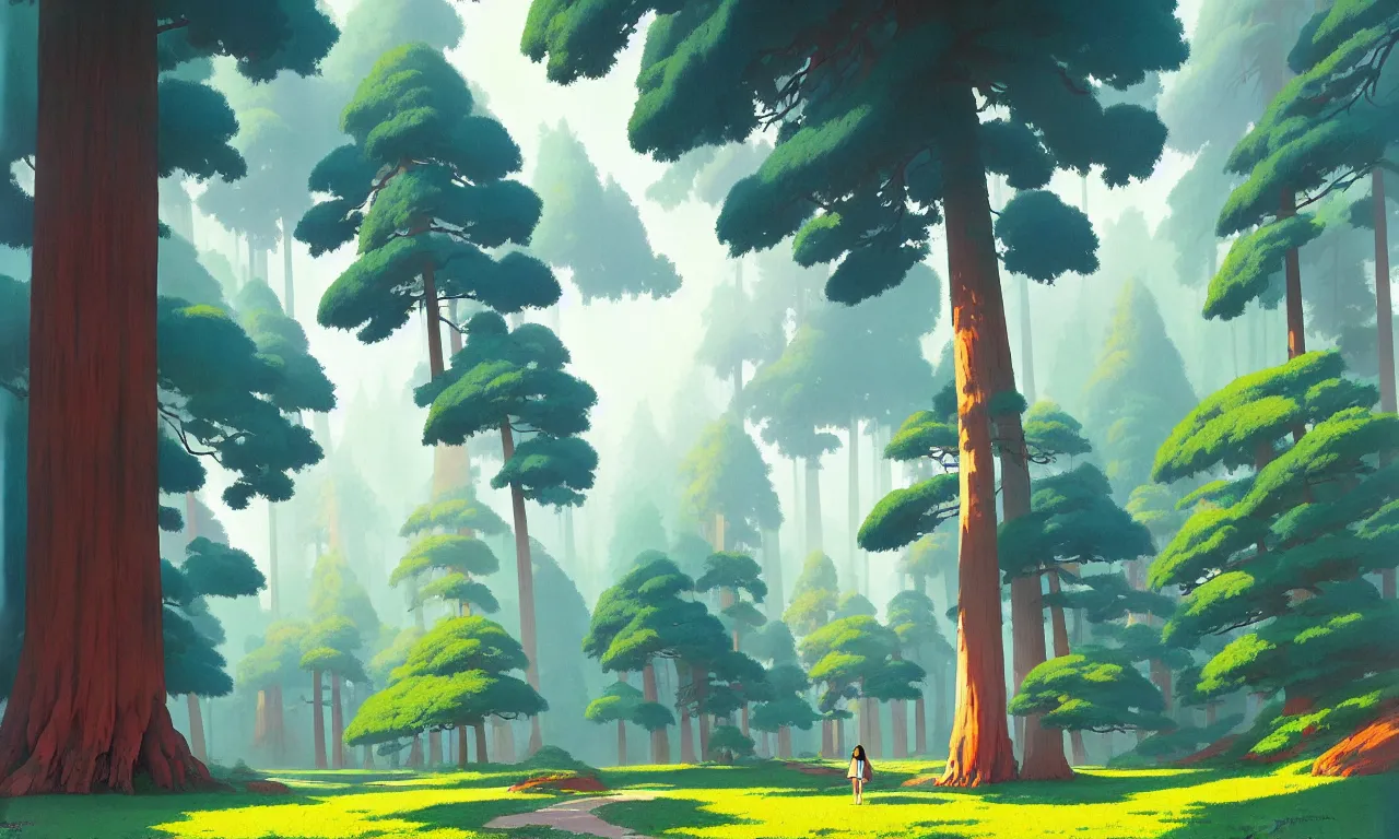 Image similar to Sequoia park in a colorful moutain with beautiful trees , no people, morning, by studio ghibli painting, superior quality, masterpiece, traditional Japanese colors, by Grzegorz Rutkowski, concept art