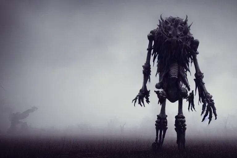 Prompt: a tall humongous angry monster made of bones, standing faraway in the far distance, realism, photo realistic, high quality, misty, hazy, ambient lighting, cinematic lighting, studio quality, scary, dreadful