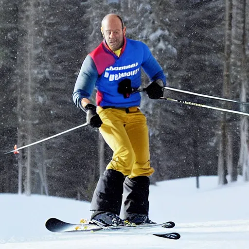 Prompt: jason statham skiing, full body shot, finely detailed