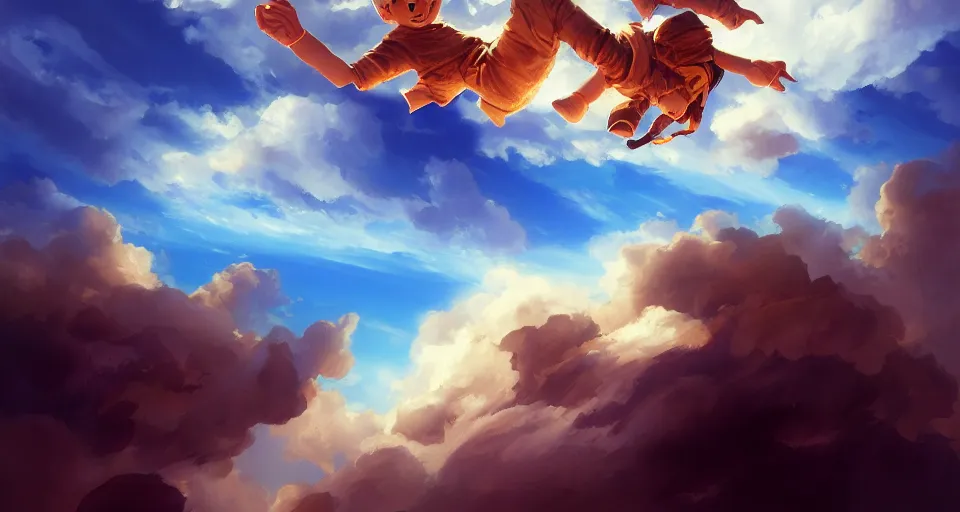 Image similar to a boy being thrown off of a large wooden fantasy sky - ship flying through the clouds with blue sky, andreas rocha style