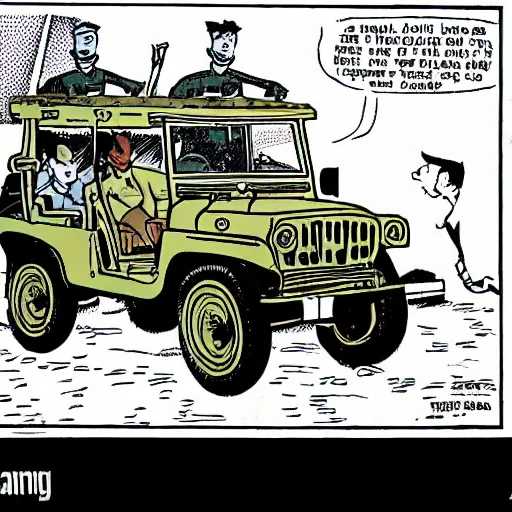 Image similar to tintin driving an army jeep. comic book