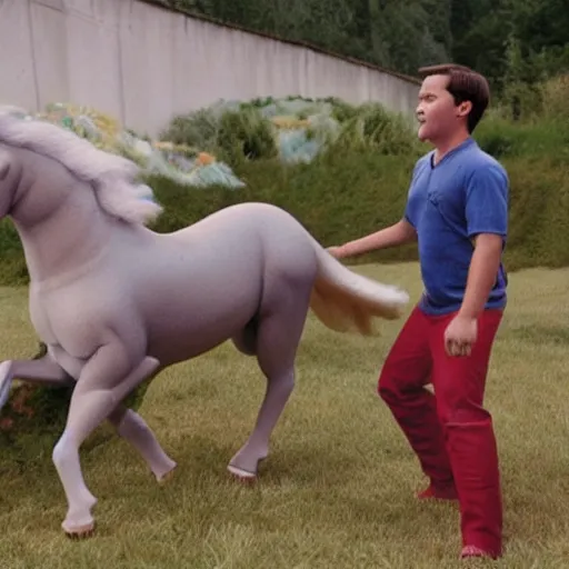 Image similar to wesley crusher riding a unicorn into battle