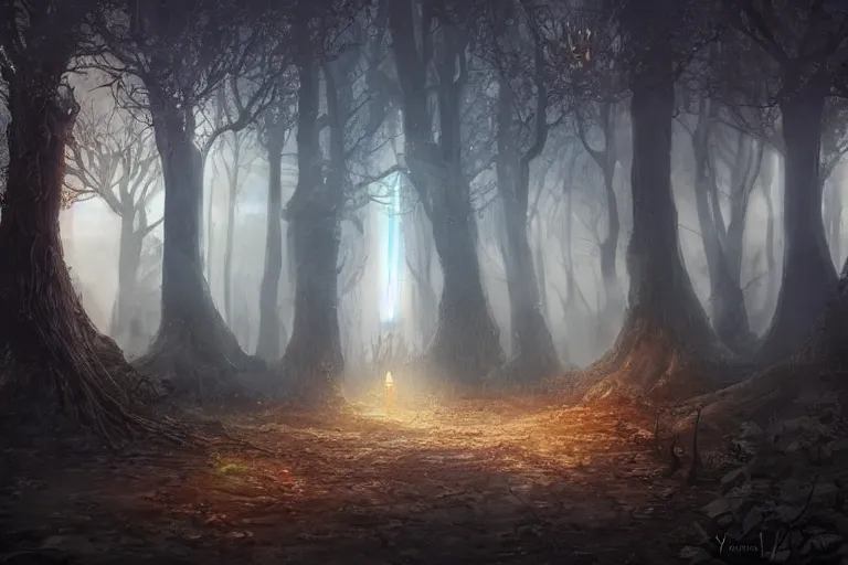 Prompt: an old elven wood, a view to an eerie fantasy world, portal to new york ethereal back light, mist, coherent composition, detailed fantasy painting by yuumei