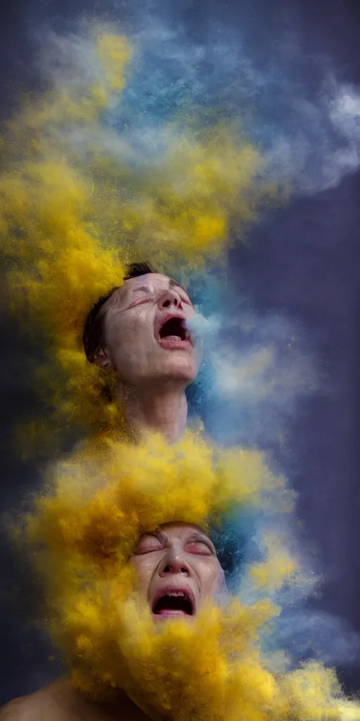 Image similar to woman crying covered in yellow and blue clouds, by kim keever