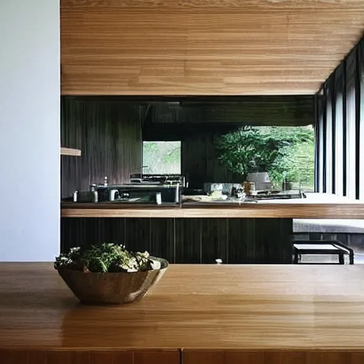 Prompt: “extravagant luxury modern kitchen, interior design, natural materials, potted plants, fresh vegetables, by Tadao Ando and Koichi Takada”