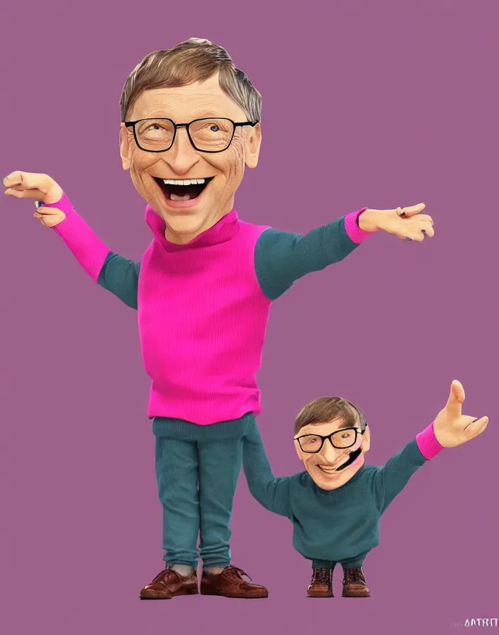 Image similar to candid 90s photoshoot of bill gates evil sock puppet wearing a pink sweater, dynamic lighting, photorealistic, stunning visuals, creative, cinematic, ultra detailed, trending on art station