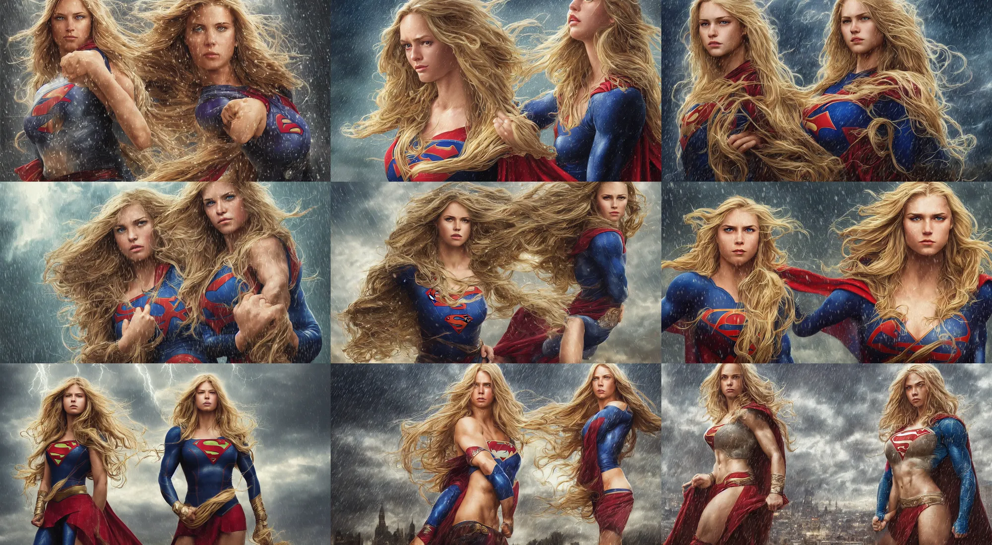 Image similar to epic portrait of a very muscled supergirl with a concentrated face and extremely long blonde wavy hair, light rain, thunder storm background, intricate detailed face, city background, steve argyle, greg rutkowski, alphonse mucha, francine van hove