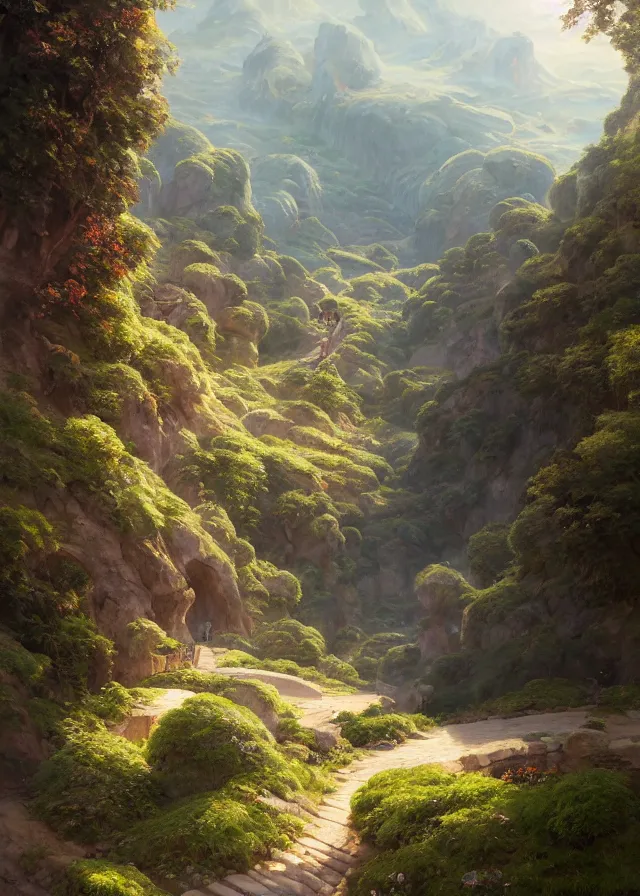 Prompt: a winding path through an amphitheater - like valley, extremely detailed oil painting, unreal 5 render, rhads, sargent and leyendecker, savrasov levitan polenov, bruce pennington, studio ghibli, tim hildebrandt, digital art, landscape painting, octane render, beautiful composition, trending on artstation, award winning photograph, masterpiece