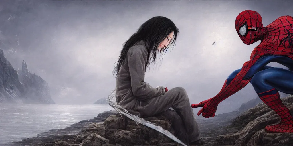 Image similar to realistic landscape painting of Spiderman against Kuchisake-onna, trending on Artstation,high detail,perfect mixture,no abnormality, created by Gustave Dore, 8k resolution.