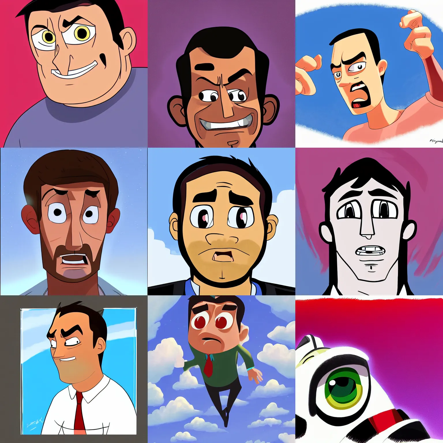 Prompt: digital painting of a man looking upwards, eyes open in wonder, awestruck, genndy tartakovsky, in the style of pixar, up, character, white background