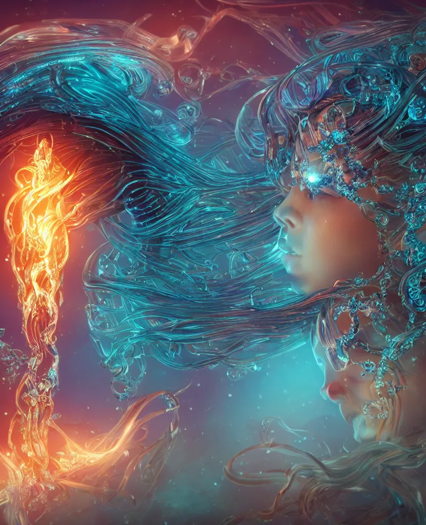 Image similar to close-up macro portrait of the face of a beautiful princess, epic angle and pose, symmetrical artwork, 3d with depth of field, blurred background, cybernetic jellyfish female face skull phoenix bird, translucent, nautilus, energy flows of water and fire. a highly detailed epic cinematic concept art CG render. made in Maya, Blender and Photoshop, octane render, excellent composition, cinematic dystopian brutalist atmosphere, dynamic dramatic cinematic lighting, aesthetic, very inspirational, arthouse. y Greg Rutkowski, Ilya Kuvshinov, WLOP, Stanley Artgerm Lau, Ruan Jia and Fenghua Zhong