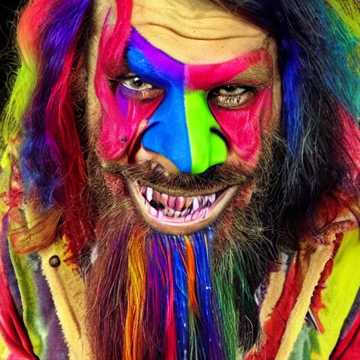 Prompt: a crazy man with long multi colored hair and a pointy beard smiling and making strange gestures as his face melts and inside his face are various psychedelic rebel monsters, psychedelic surreal cosmic bizarre horror