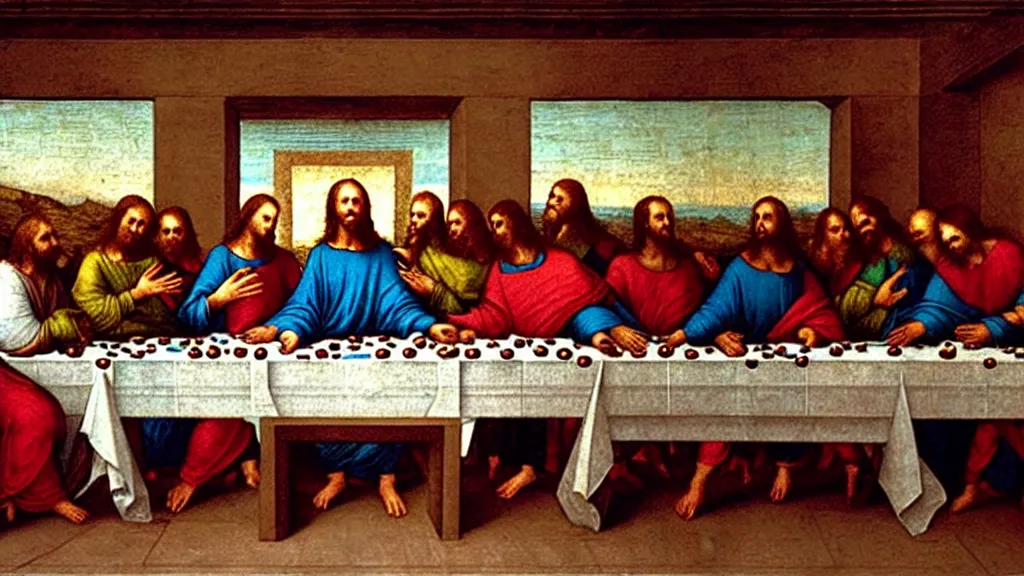 Prompt: 'Boris Johnson'!!!!!!!!!! as! a! person!!! in the ((last supper)) by Leonardo, a British hall is the background