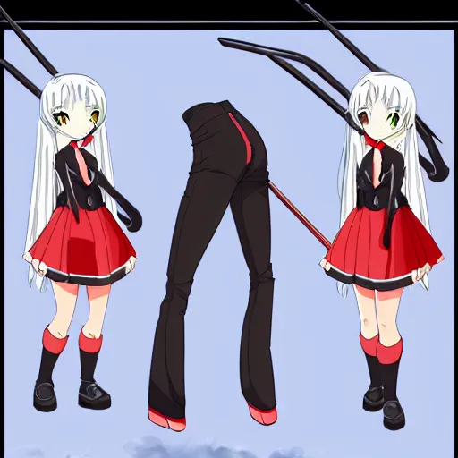 Prompt: advanced digital anime characterdesign reference sheet, Girl with long braided silver hair and spectacle glasses wearing a black high school outfit and red skirt holding 5 feet scythe by Mike Inel
