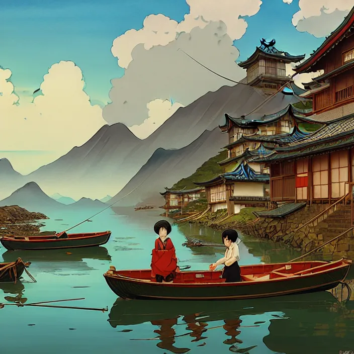 Image similar to japanese fishing village, spring, in the style of studio ghibli, j. c. leyendecker, greg rutkowski, artem