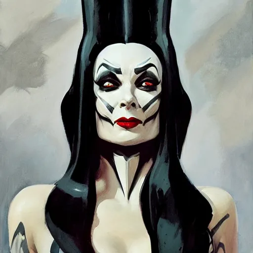 Image similar to greg manchess portrait painting of armored morticia from addams family as overwatch character, medium shot, asymmetrical, profile picture, organic painting, sunny day, matte painting, bold shapes, hard edges, street art, trending on artstation, by huang guangjian and gil elvgren and greg rutkowski