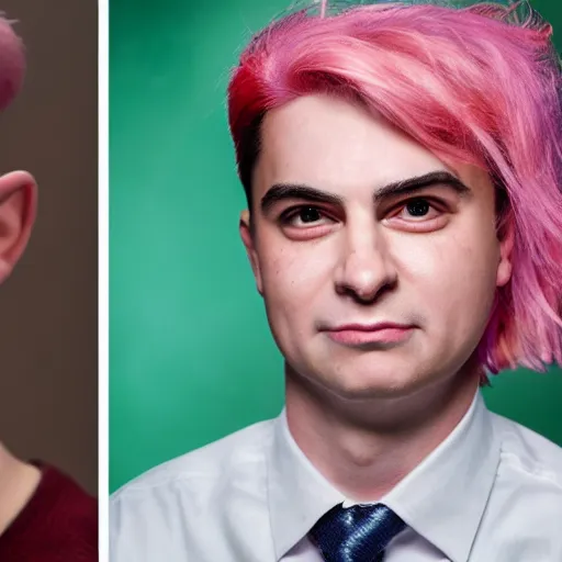 Prompt: Detailed portrait of Ben Shapiro with pink hair and piercing, 8k, realistic, 50mm photograph