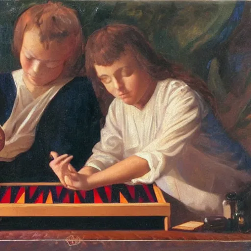 Prompt: angels playing backgammon