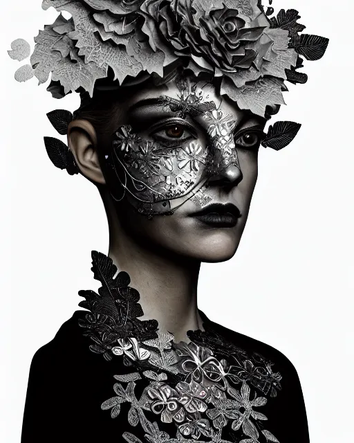 Image similar to monochrome profile portrait painting, dutch masters, silver lace floral steampunk biomechanical beautiful young female cyborg with one techno eye, monocular, volumetric light, leaves foliage and stems, hibiscus flowers, alexander mcqueen, rim light, big gothic fashion pearl embroidered collar, 8 k