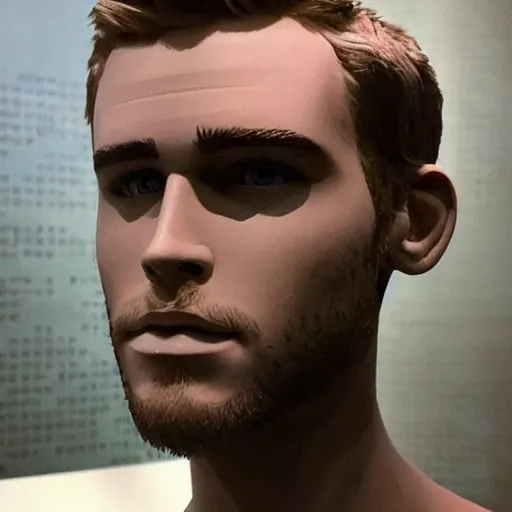 Image similar to “ a realistic detailed photo of a guy who is an attractive humanoid who is half robot and half humanoid, who is a male android, actor liam hemsworth, shiny skin, posing like a statue, blank stare, at the museum, on display ”