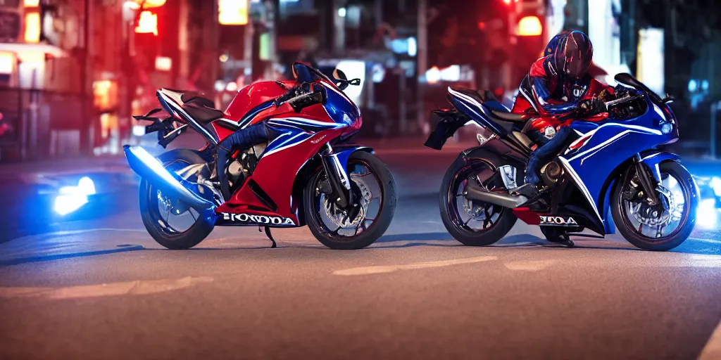 Image similar to Honda CBR600rr with blood vinyil in the middle of a road on the night Tokyo, blue color grading, cinematic color grading , unreal 5, hyperrealistic, realistic, photorealistic, dynamic lighting, highly detailed, cinematic landscape, studio landscape, studio lighting