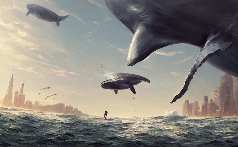 Image similar to flying whale attack Newyork city ,digital art,ultra realistic,ultra detailed, ultra wide Lens, art by greg rutkowski