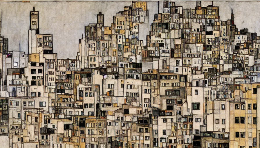 Image similar to scientific illustration of the city of san francisco, egon schiele portrait style