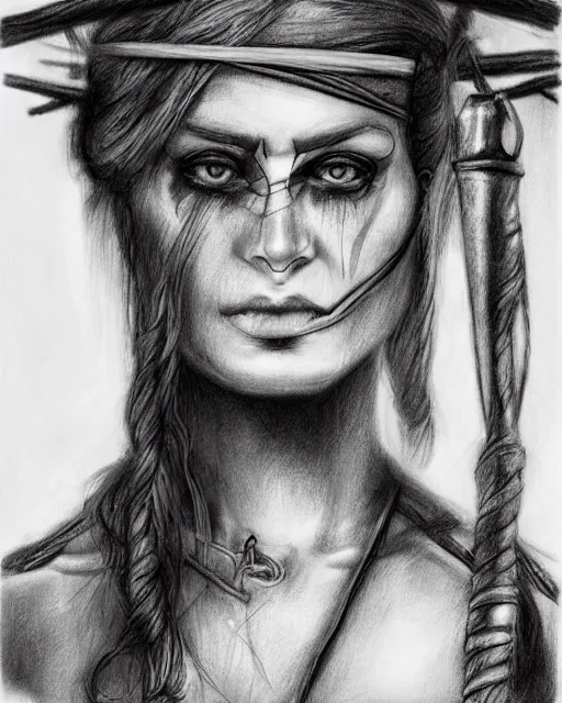 Prompt: A beautiful female warrior on a pirate ship at a deserted island, blended frame, realism pencil drawing on white paper, bald lines