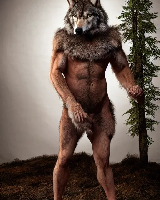 Image similar to a man wolf centaur, has the head of a timber wolf, torso of a man, and body of a wolf, standing on four legs, covered in fur, highly realistic, Rick Baker style, photoreal, studio lighting