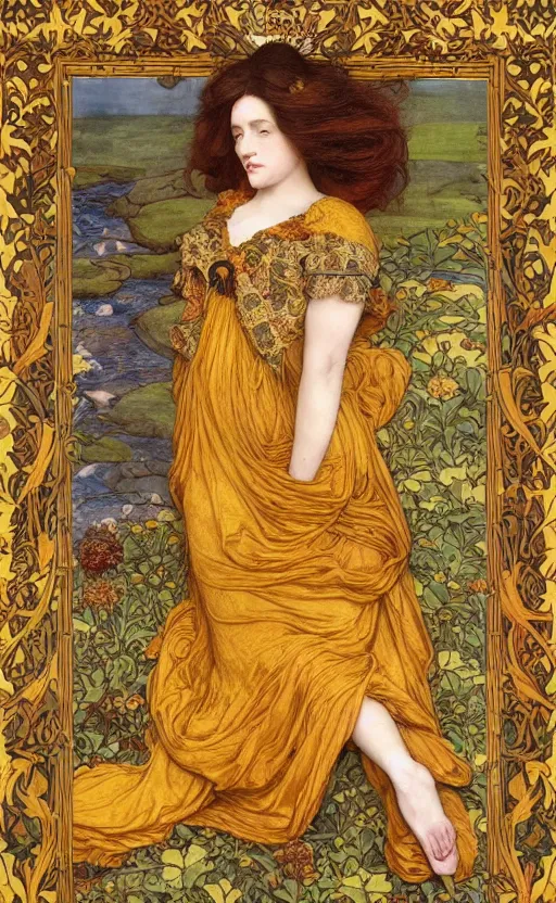 Image similar to full body reclining masterpiece of preraphaelite portrait photography, brown hair fringe, yellow ochre ornate medieval dress, william morris and kilian eng and mucha, framed, 4 k