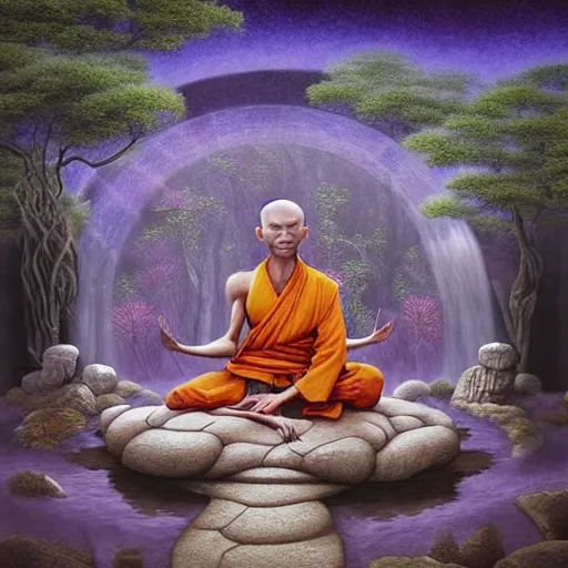 Prompt: an anthromorphic wolf dressed like a shaolin monk meditating in a zen garden with a waterfall under the blood moon, by Adi granov and afarin sajedi and amanda sage and evgeni gordiets and Agostino Arrivabene and adonna khare in a psychedelic portrait style, ultrarealistic matte painting, volumetric lighting, fractal, extremely symmetrical, highly detailed face, orisha, 8k, hd