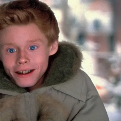 Image similar to willem dafoe as a kid in movie home alone 4k