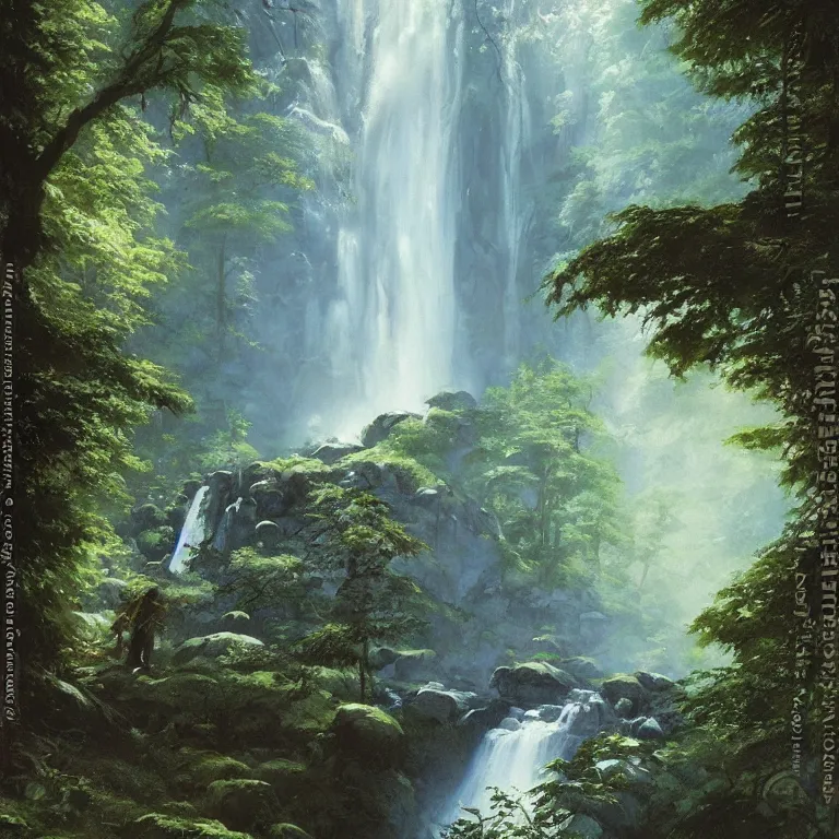 Image similar to A beautiful oil painting of a very tall waterfall on a very rocky cliff, in the middle of a huge forest of trees with bright blue glowing leaves, by Greg Rutkowski